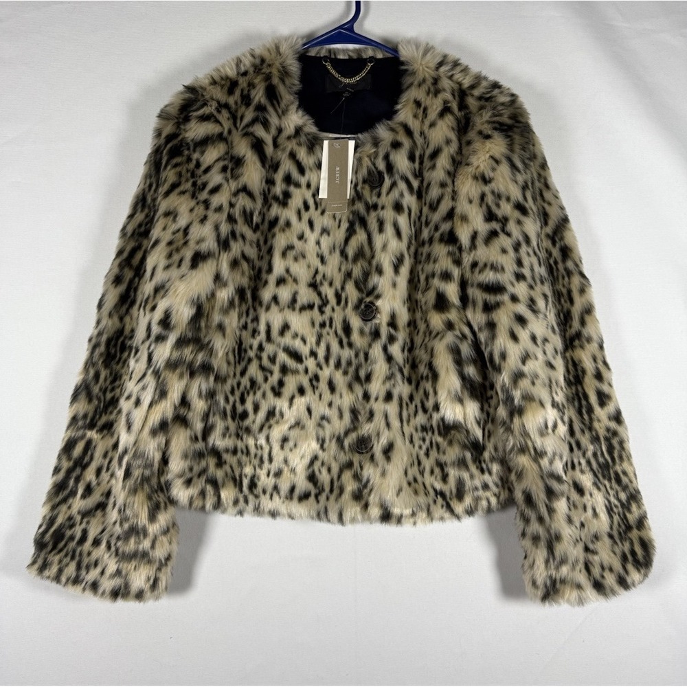 NWT J.Crew Cropped Faux Fur Coat Women's Medium Snow Pale Leopard J6148 $278